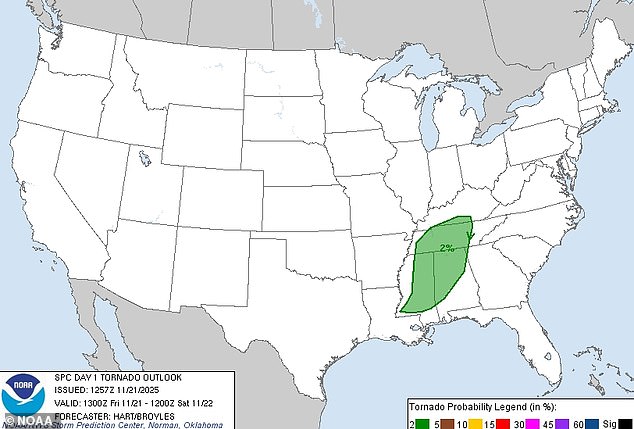 NOAA issued a low-level notice for severe weather in Georgia, Mississippi, Alabama, Tennessee, and Kentucky Friday night