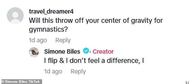 Many fans were quick to take to the comments to ask how the surgery would affect her gymnastics but reassuring fans, Simone replied: 'I flip & I don't feel a difference'