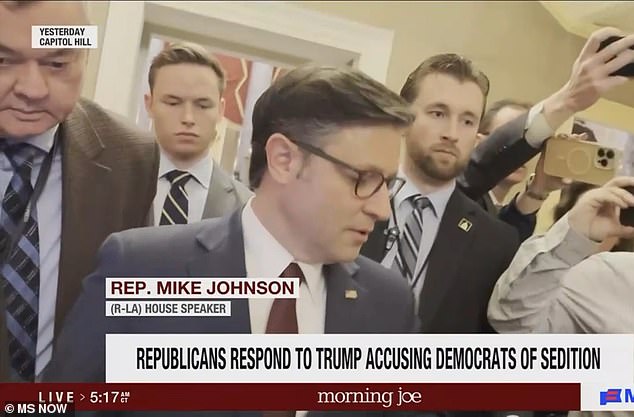 The host played a clip of House Speaker Mike Johnson making light of Trump's rhetoric while batting back reporters on Thursday