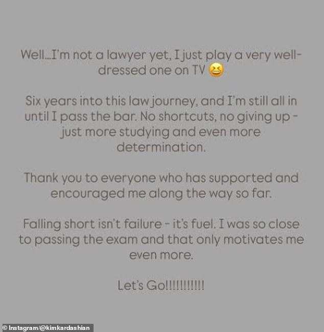 Earlier this month, Kim revealed that she did not pass the bar exam - which she had taken back in July
