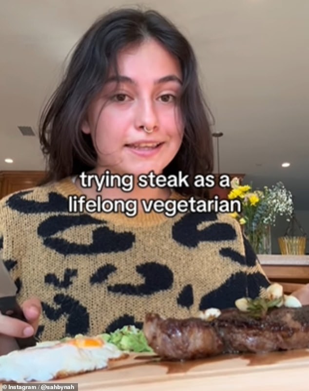 In a clip shared to Instagram, Sab (pictured), from Los Angeles, sliced into a rib-eye steak nestled next to a fried egg while telling viewers she had prepared the meat 'well done' and with avocado oil