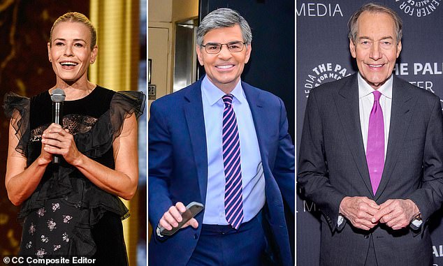 Comedian Chelsea Handler (left), ABC anchor George Stephanopoulos (center) and disgraced CBS journalist Charlie Rose (right) also attended the event