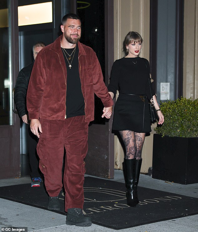 The tight end and fiancee Taylor Swift are spotted out in New York City earlier this month