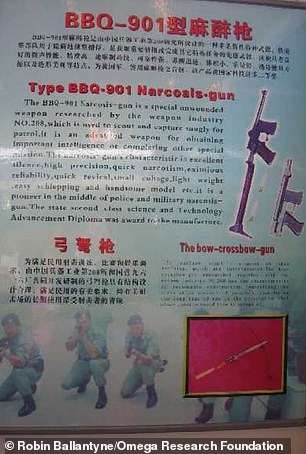 More recently, China has been developing a 'narcosis-gun' designed to deliver mind-altering chemicals. Pictured: Poster for 'BBQ-901 narcosis gun' on display on State 9616 Plant stand at Asia Pacific China Police Expo 2006