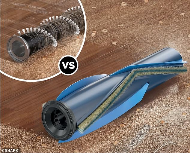 This is my first ‘anti-hair-wrap’ hoover and I’m in awe of the mechanism that somehow manages to separate and remove strands from the brush as I clean. Pictured: A traditional brush compared to Shark's anti-hair-wrap device