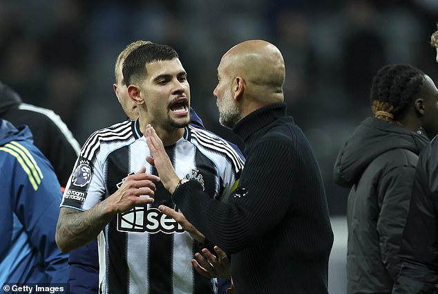 Guardiola also spoke with Newcastle captain Bruno Guimaraes for around 30 seconds