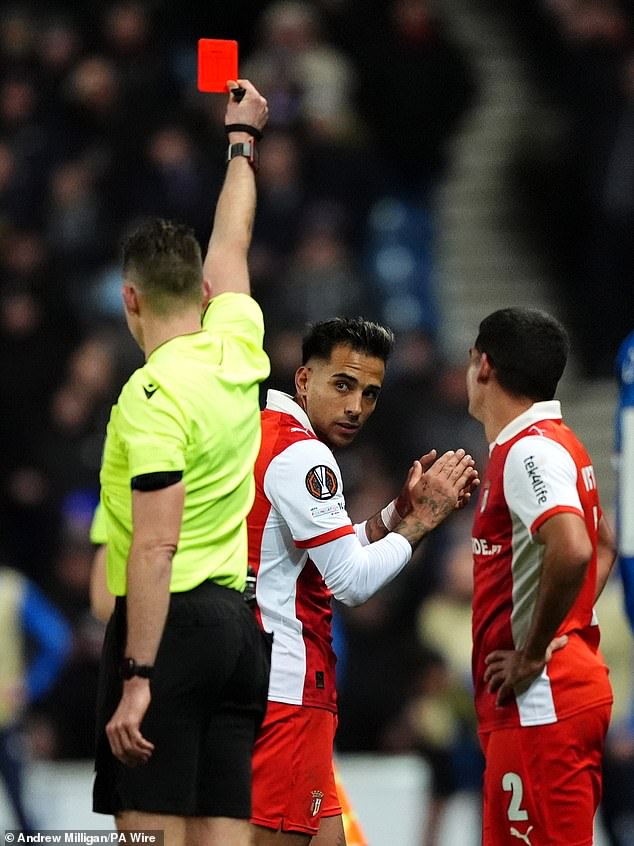 Braga's Rodrigo Zalazar was shown a straight red for a headbutt on Nicolas Raskin
