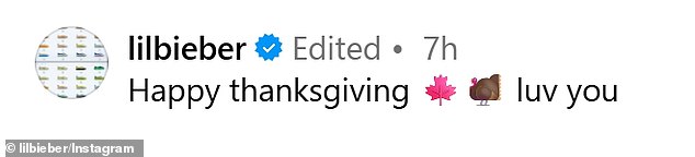 The 31-year-old Canadian pop star - who boasts 594.6 million social media followers - bid his fans: 'Happy Thanksgiving [love] you!'