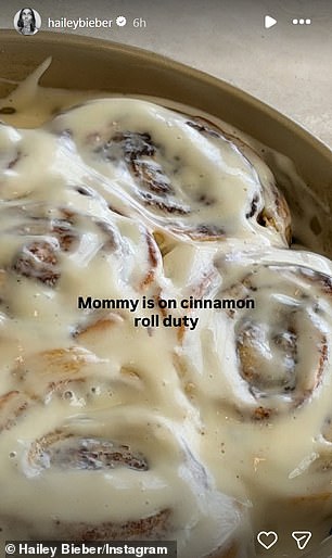 The 29-year-old Rhode founder - who boasts 79.1 million social media followers - was hard at work on 'cinnamon roll duty'