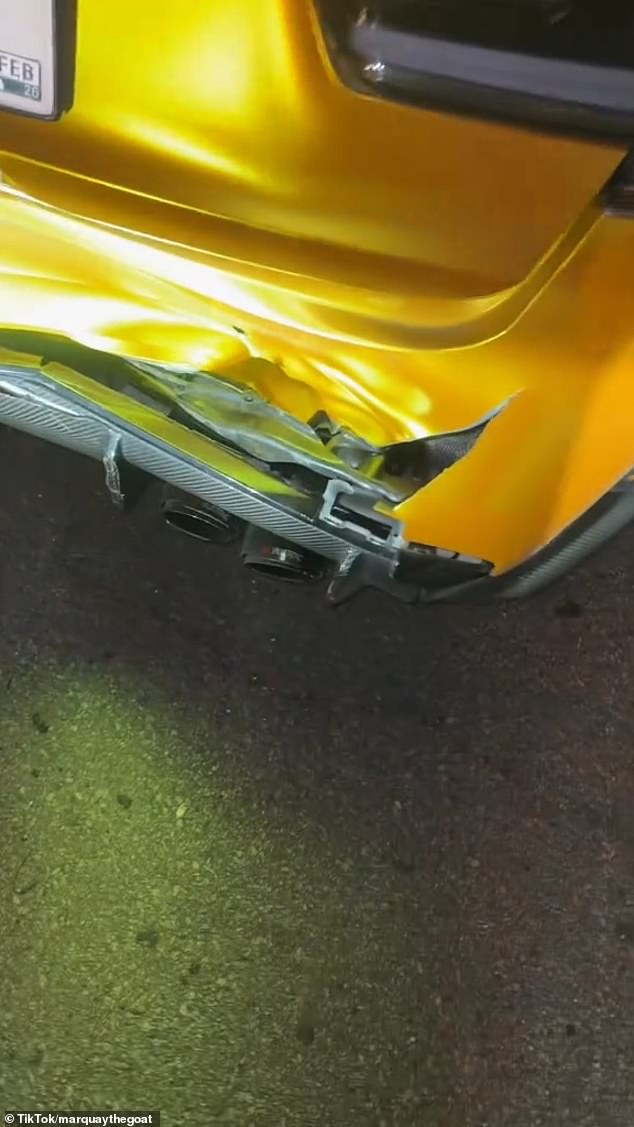 Marquay's vehicle sustained damage in the front and back after it was allegedly struck by the Tesla