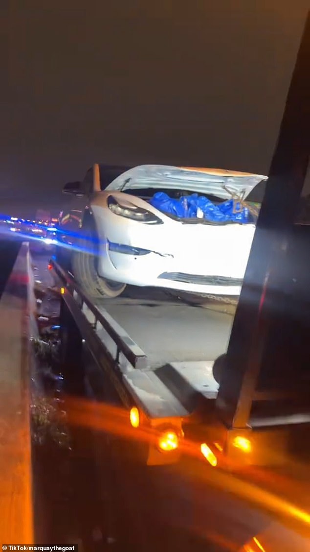 The Tesla needed to be towed off the freeway, and Marquay alleged the driver received a DUI