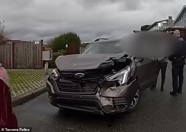 Police said the incident was the first of four DUI arrests the woman received in just a two-week span, in which time she totaled her car twice (seen after the fourth DUI arrest) and a judge issued a $50,000 warrant for repeatedly endangering the public