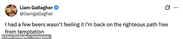 Sharing a post to X after the concert, he wrote: 'I had a few beers wasn’t feeling it I’m back on the righteous path free from temptation'