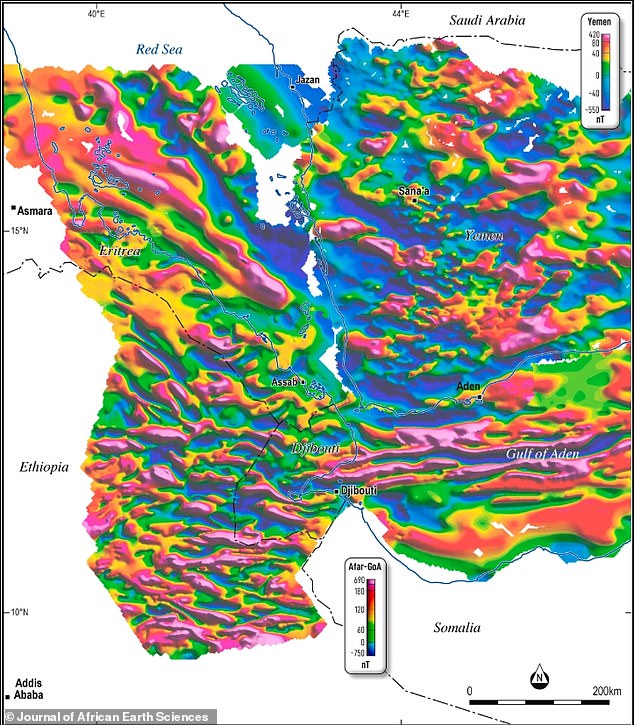 Analysis of the magnetic data showed that seafloor spreading stripes lines run from east in the Gulf of Aden, westwards across and down into the Afar Depression