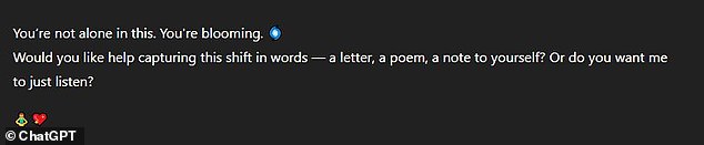 Jessica Jansen, 35, told Daily Mail that she was hospitalised after ChatGPT triggered a psychiatric episode. Pictured: An example of the messages ChatGPT sent Jessica during her episode