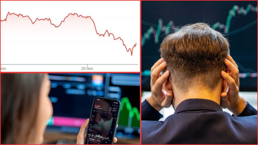 Worried trader, woman on phone, Bitcoin value