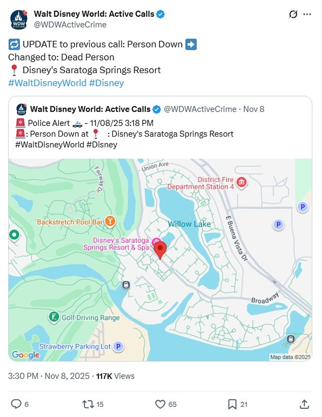 A fifth person has died at Walt Disney World in less than a month. Disney's 'Active Calls' X account issued a statement saying 'person down' at 3.18pm that day, and minutes later they shared an update saying this status had changed to 'dead person', as shown above