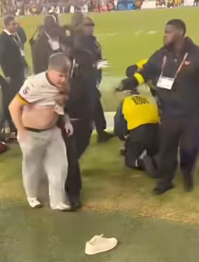 It's unclear what the man intended to accomplish by jumping onto the field. In any case, he lost his right shoe on the landing, so he was an easy target for swarming security