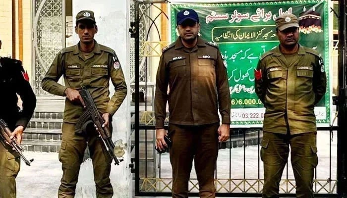 The Punjab police personnel stand guard in Lahore on December 8, 2023. — Facebook/DIG Ops Lahore Police/File