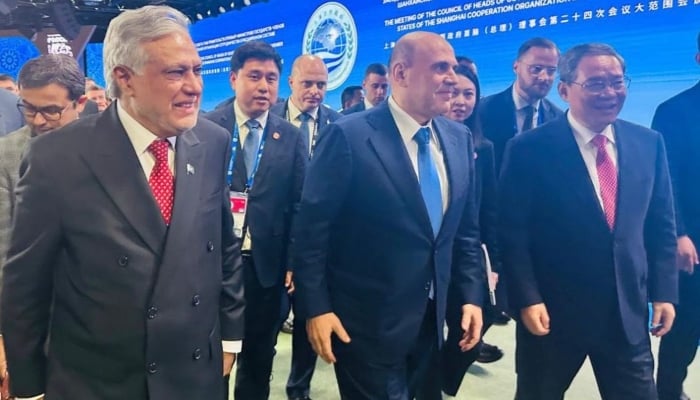 Deputy Prime Minister and Foreign Minister at the margins of the SCO Heads of Government meetings, with Russian Prime Minister Mikhail Mishustin and Chinese Premier Li Qiang. — X/@ForeignOfficePk