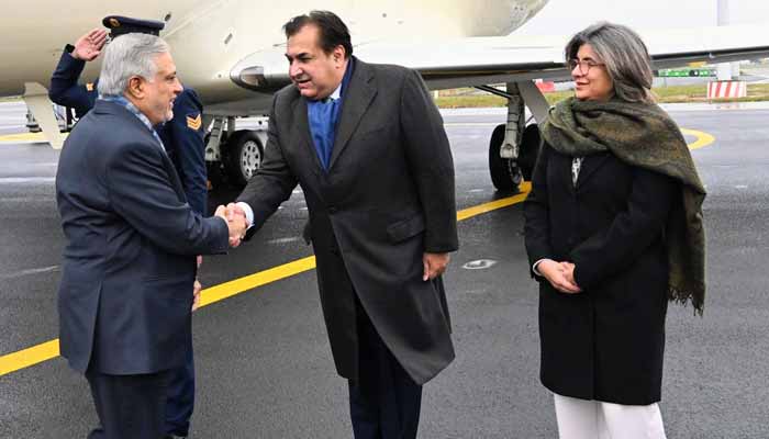 Deputy Prime Minister and Foreign Minister Ishaq Dar meets officials from Pakistans Embassy to European Union after arriving in Brussels, Belgium, November 19, 2025. — X/@ForeignOfficePK