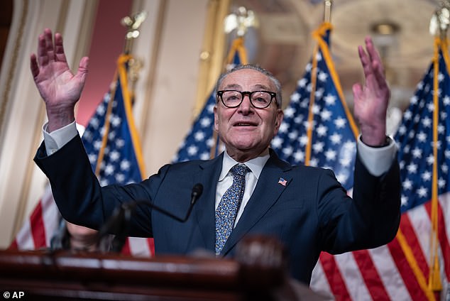 Senate Minority Leader Chuck Schumer, D-N.Y., expresses his frustration at a press conference