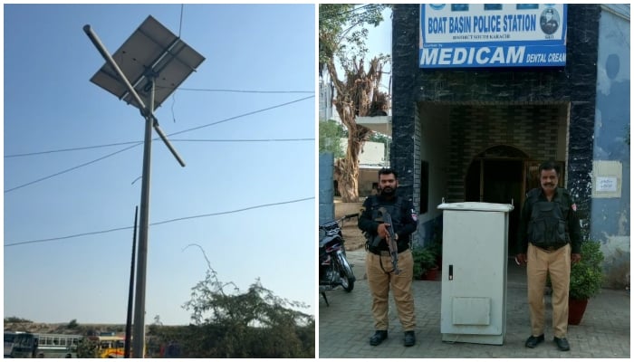 This collage shows the pole from which Safe City camera systems distribution box was stolen (left), and the recovered device (right) presented by police. — Reporter