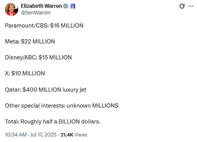 Back in July, Warren took to X to question whether CBS's decision to cancel 'The Late Show with Stephen Colbert' was a politically motivated one