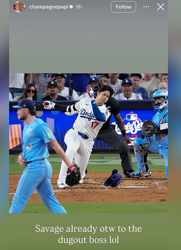 Drake posted a photo of Ohtani whiffing on a Trey Yesavage pitch after Toronto's Game 5 win