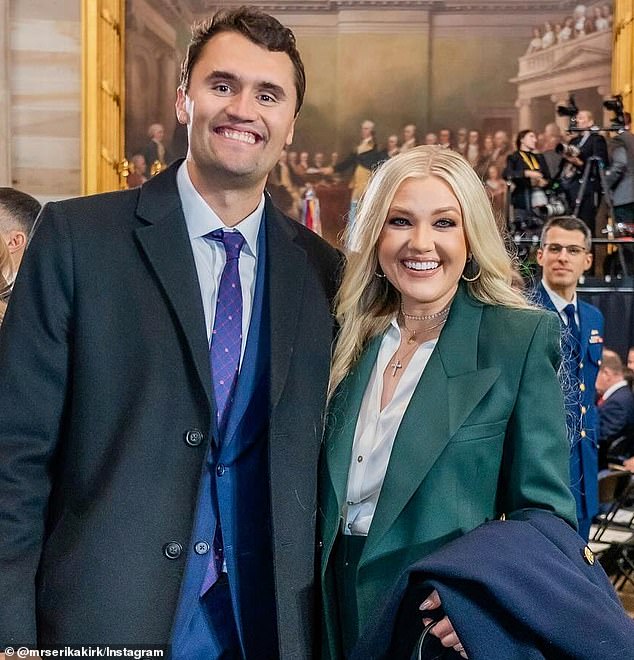 Charlie (pictured with Erika) was fatally shot while speaking at a Turning Point USA event at Utah Valley University on September 10