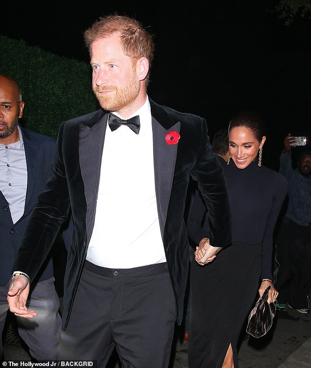 Prince Harry held Meghan's hand as he led her into the lavish James Bond-themed birthday party on Saturday night - but pictures of them with Kris Jenner and Kim Kardashian inside were posted online and then deleted