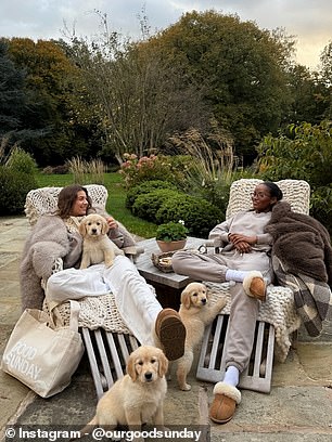 In an image posted by Our Good Sunday, two women can be seen playing with three AI puppies