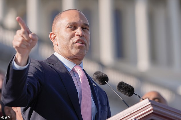 House Minority Leader Hakeem Jeffries, D-N.Y., and fellow Democrats speak on the health care funding fight on the steps of the House before votes to end the government shutdown, on Capitol Hill, Wednesday, Nov. 12, 2025, in Washington