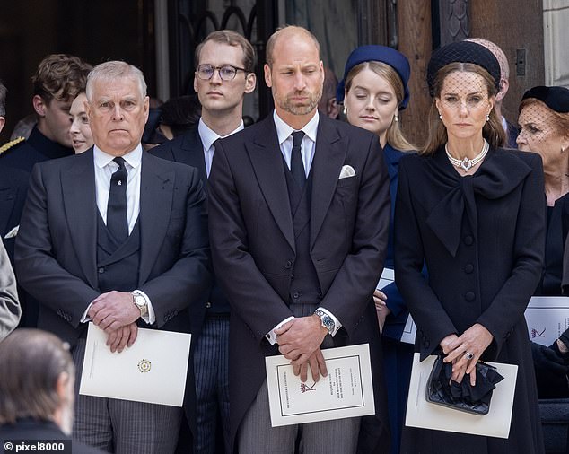 Andrew Mountbatten Windsor is pictured with the Prince and Princess of Wales at the Duchess of Kent's funeral in September - William was said to be 'furious' at his uncle's unexpected appearance