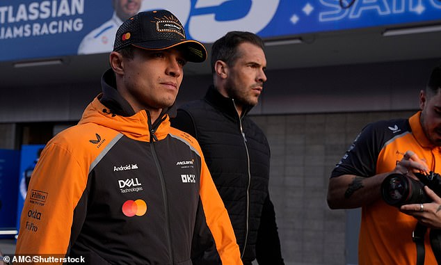 Lando Norris was focused as he arrives in the pit lane at the Las Vegas Grand Prix on Friday