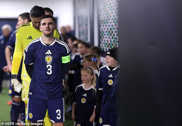 Scotland skipper Andy Robertson prepares to lead his team on to the Hampden pitch