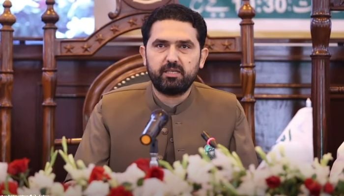 KP CM Sohail Afridi addresses Aman Jirga in Peshawar on November 12, 2025. — facebook/KPChiefMinister