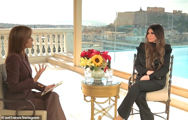 With the Acropolis in plain view in the background, Kimberly Guilfoyle (right) shared intimate details about her personal life with ANT1's Maria Sarafoglou (left)
