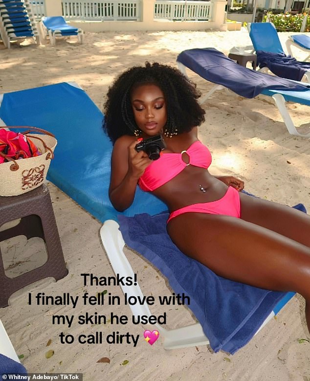 In a social media video shared to TikTok, Whitney uploaded an image of her in a bright pink bikini, with text that read: 'You look happier'. Then in another image of her, she added: 'Thanks! I finally fell in love with my skin he used to call dirty'
