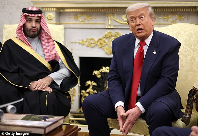 President Donald Trump (right) defended Saudi Arabia's Crown Prince Mohammed bin Salman (left) after a reporter asked the Saudi leader about the 2018 killing of Washington Post columnist Jamal Khashoggi