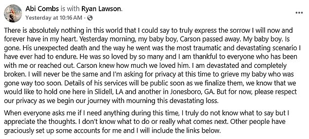 Combs shared the heartbreaking Facebook tribute on Wednesday