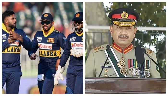 This collage shows Sri Lankan team (left) and Chief of Army Staff Field Marshal Asim Munir. — AFP/ISPR