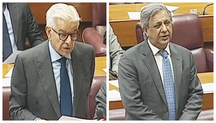Defence Minister Khawaja Asif (left) and Law Minister Azam Nazeer Tarar speaking on the floor of the National Assembly, on November 13, 2025. — Geo News