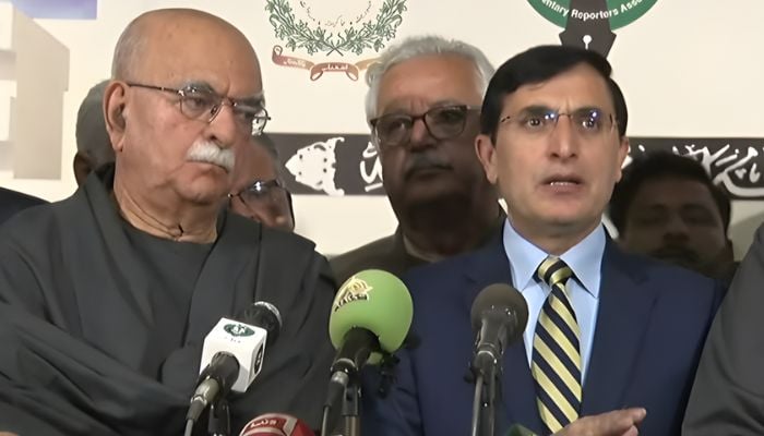 Head of opposition alliance, Tehreek-e-Tahafuz Ayeen-e-Pakistan (TTAP), Mahmood Khan Achakzai (left) and Pakistan Tehreek-e-Insaf Chairman Barrister Gohar Ali Khan address the press conference in Parliament House on November 12, 2025. — Screengrab via Geo News