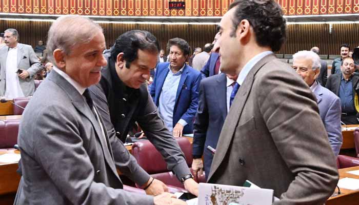 PPP Chairman Bilawal Bhutto-Zardari (right) shakes hands with Prime Minister Shehbaz Sharif during a National Assembly session in Islamabad, on November 12, 2025. — X@NaofPakistan