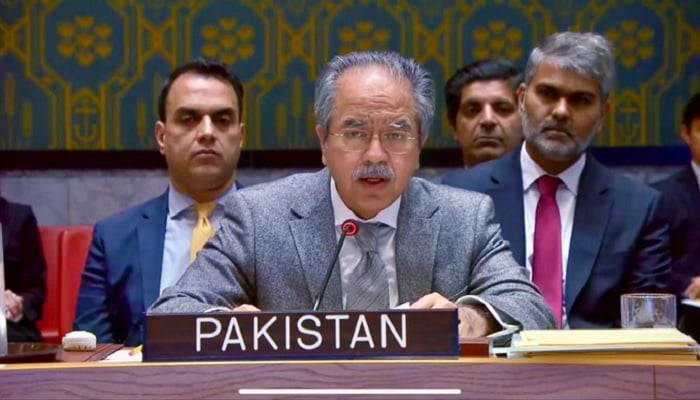 Pakistans UN Ambassador Asim Iftikhar speaks during a UNSC session titled UN Security Council Open Debate on Small Arms on November 10, 2025. — X@PakistanUN_NY
