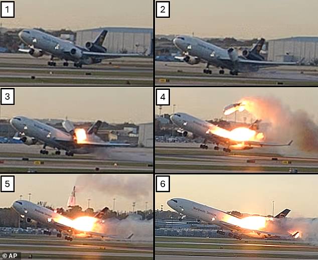 Shocking photos released on Thursday show flames emerging from the UPS cargo plane that crashed in Louisville, Kentucky just moments after the engine detached