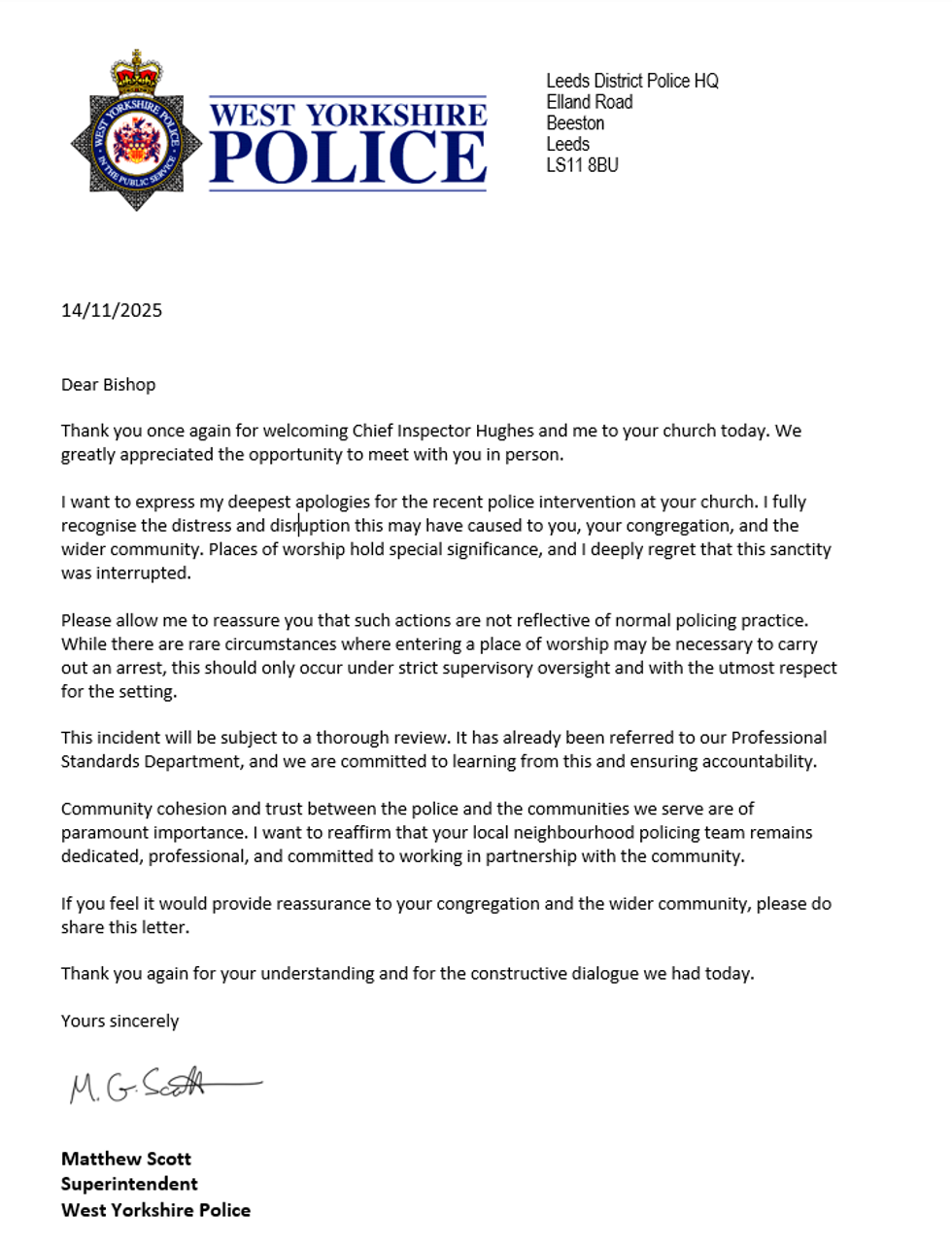 Letter of apology from West Yorkshire Police