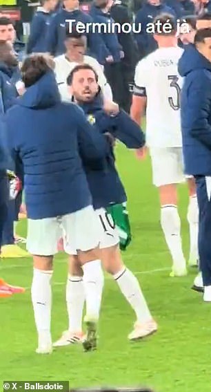 After Dias was infuriated by something, so to was Bernardo Silva as his team-mate Joao Felix attempted to restrain him