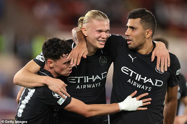 Both Manchester clubs - City's Phil Foden, Erling Haaland and Rodri pictured - are opposed to the change and believe it could rob the Premier League’s of its status as the best on the planet